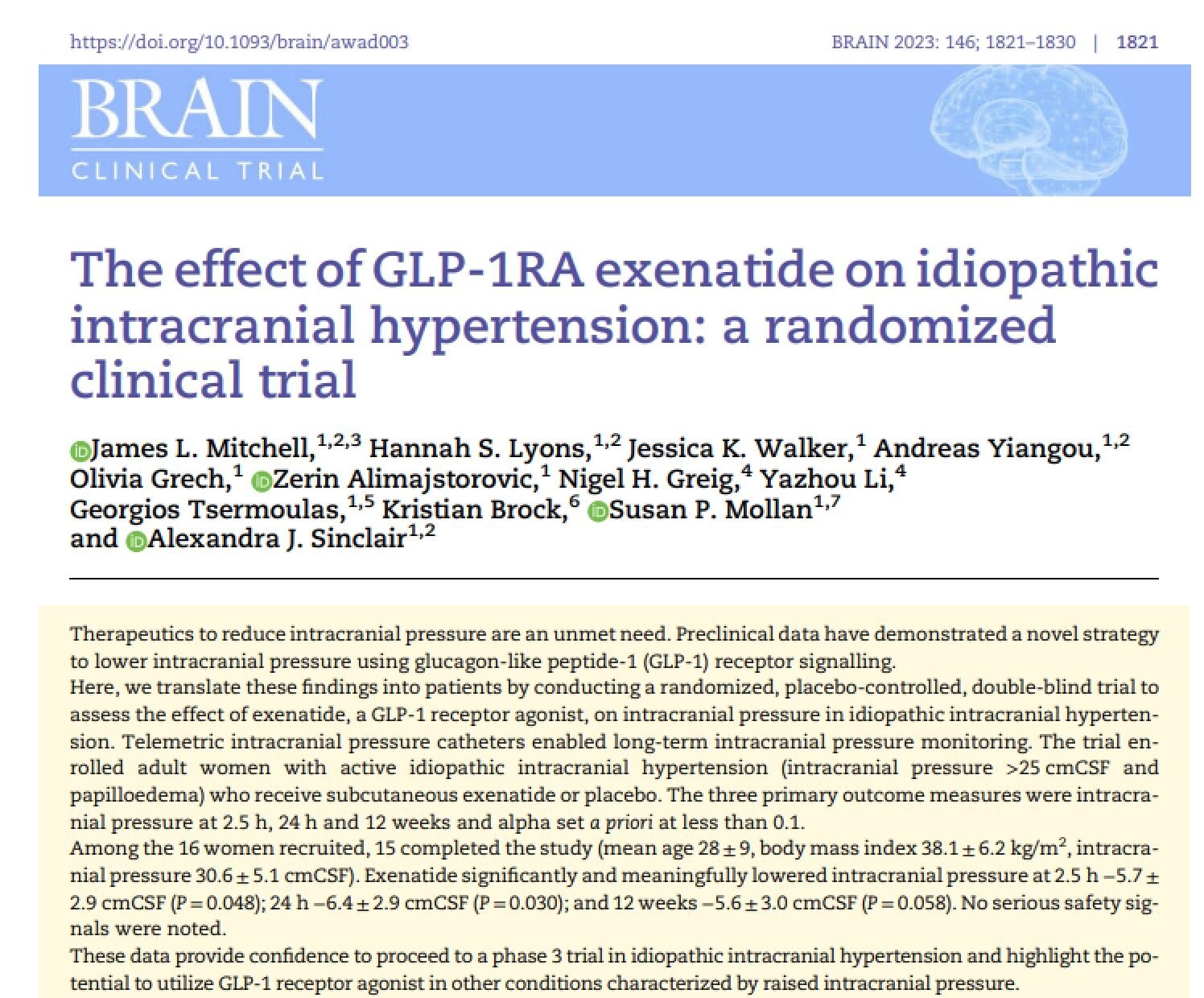 Brain Journal article on GLP-1RA exenatide and idiopathic intracranial hypertension clinical trial