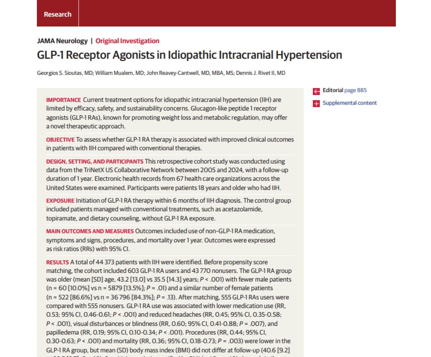 JAMA Neurology article on GLP-1 receptor agonists in idiopathic intracranial hypertension