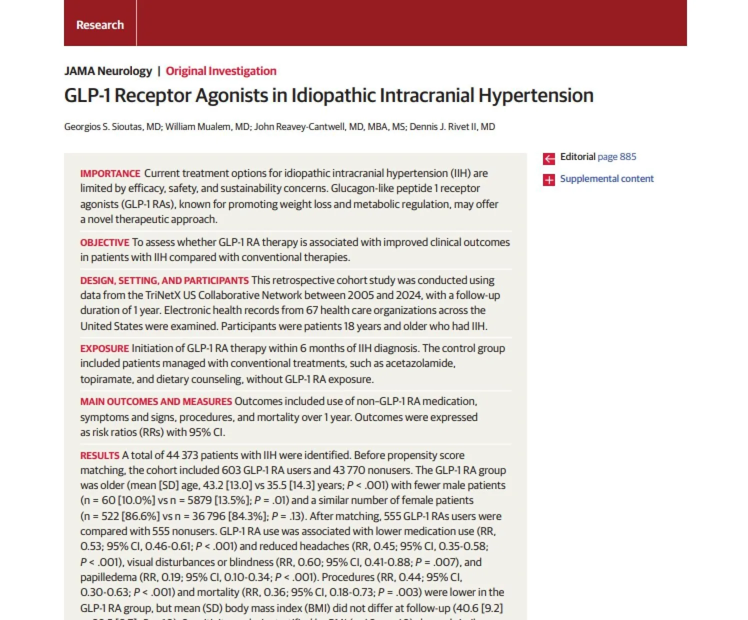 JAMA Neurology article on GLP-1 receptor agonists in idiopathic intracranial hypertension